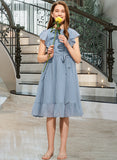 Penny A-Line Scoop Neck Knee-Length Chiffon Junior Bridesmaid Dress With Bow(s) Cascading Ruffles STIP0013601