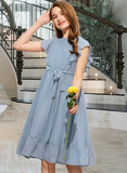 Penny A-Line Scoop Neck Knee-Length Chiffon Junior Bridesmaid Dress With Bow(s) Cascading Ruffles STIP0013601