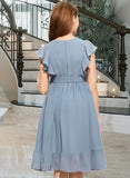 Penny A-Line Scoop Neck Knee-Length Chiffon Junior Bridesmaid Dress With Bow(s) Cascading Ruffles STIP0013601