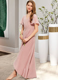 Jocelynn A-Line V-neck Asymmetrical Chiffon Junior Bridesmaid Dress With Ruffle STIP0013604