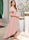 Jocelynn A-Line V-neck Asymmetrical Chiffon Junior Bridesmaid Dress With Ruffle STIP0013604