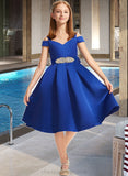 Emerson A-Line Off-the-Shoulder Knee-Length Satin Junior Bridesmaid Dress With Beading Bow(s) STIP0013605