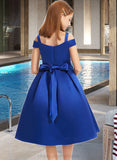 Emerson A-Line Off-the-Shoulder Knee-Length Satin Junior Bridesmaid Dress With Beading Bow(s) STIP0013605