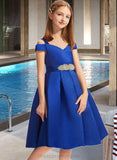 Emerson A-Line Off-the-Shoulder Knee-Length Satin Junior Bridesmaid Dress With Beading Bow(s) STIP0013605