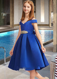 Emerson A-Line Off-the-Shoulder Knee-Length Satin Junior Bridesmaid Dress With Beading Bow(s) STIP0013605