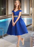 Emerson A-Line Off-the-Shoulder Knee-Length Satin Junior Bridesmaid Dress With Beading Bow(s) STIP0013605