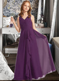 Dulce A-Line V-neck Floor-Length Chiffon Junior Bridesmaid Dress With Ruffles STIP0013607