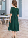 Kaitlin A-Line Scoop Neck Tea-Length Chiffon Lace Junior Bridesmaid Dress With Pleated STIP0013608