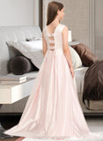 Mariana A-Line Scoop Neck Sweep Train Satin Lace Junior Bridesmaid Dress With Bow(s) Pockets STIP0013609