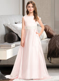 Mariana A-Line Scoop Neck Sweep Train Satin Lace Junior Bridesmaid Dress With Bow(s) Pockets STIP0013609