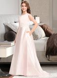 Mariana A-Line Scoop Neck Sweep Train Satin Lace Junior Bridesmaid Dress With Bow(s) Pockets STIP0013609