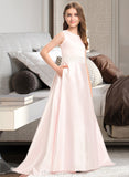 Mariana A-Line Scoop Neck Sweep Train Satin Lace Junior Bridesmaid Dress With Bow(s) Pockets STIP0013609