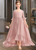 Karsyn A-Line Scoop Neck Asymmetrical Chiffon Junior Bridesmaid Dress With Bow(s) Cascading Ruffles STIP0013612