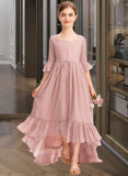 Karsyn A-Line Scoop Neck Asymmetrical Chiffon Junior Bridesmaid Dress With Bow(s) Cascading Ruffles STIP0013612