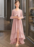 Karsyn A-Line Scoop Neck Asymmetrical Chiffon Junior Bridesmaid Dress With Bow(s) Cascading Ruffles STIP0013612