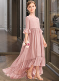 Karsyn A-Line Scoop Neck Asymmetrical Chiffon Junior Bridesmaid Dress With Bow(s) Cascading Ruffles STIP0013612