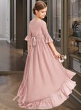 Karsyn A-Line Scoop Neck Asymmetrical Chiffon Junior Bridesmaid Dress With Bow(s) Cascading Ruffles STIP0013612