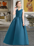 Kayla Ball-Gown/Princess V-neck Floor-Length Satin Junior Bridesmaid Dress With Ruffle STIP0013613