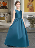 Kayla Ball-Gown/Princess V-neck Floor-Length Satin Junior Bridesmaid Dress With Ruffle STIP0013613