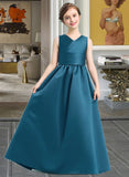 Kayla Ball-Gown/Princess V-neck Floor-Length Satin Junior Bridesmaid Dress With Ruffle STIP0013613