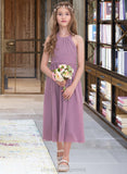 Kaylen A-Line Halter Tea-Length Chiffon Junior Bridesmaid Dress With Ruffle STIP0013616