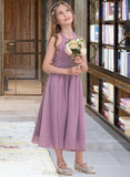 Kaylen A-Line Halter Tea-Length Chiffon Junior Bridesmaid Dress With Ruffle STIP0013616