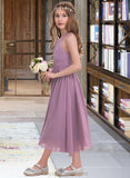 Kaylen A-Line Halter Tea-Length Chiffon Junior Bridesmaid Dress With Ruffle STIP0013616