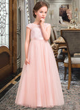 Kenya A-Line Scoop Neck Floor-Length Tulle Lace Junior Bridesmaid Dress With Bow(s) STIP0013619