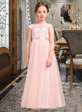 Kenya A-Line Scoop Neck Floor-Length Tulle Lace Junior Bridesmaid Dress With Bow(s) STIP0013619