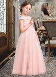 Kenya A-Line Scoop Neck Floor-Length Tulle Lace Junior Bridesmaid Dress With Bow(s) STIP0013619