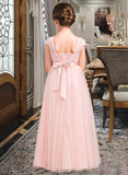 Kenya A-Line Scoop Neck Floor-Length Tulle Lace Junior Bridesmaid Dress With Bow(s) STIP0013619