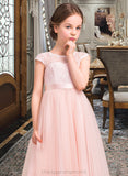 Kenya A-Line Scoop Neck Floor-Length Tulle Lace Junior Bridesmaid Dress With Bow(s) STIP0013619