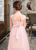 Kenya A-Line Scoop Neck Floor-Length Tulle Lace Junior Bridesmaid Dress With Bow(s) STIP0013619