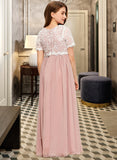 Lila A-Line Scoop Neck Floor-Length Chiffon Lace Junior Bridesmaid Dress STIP0013623