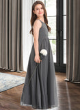 Sandra A-Line Scoop Neck Floor-Length Chiffon Junior Bridesmaid Dress With Ruffle Lace STIP0013625