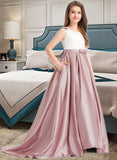 Valeria Ball-Gown/Princess Scoop Neck Sweep Train Satin Junior Bridesmaid Dress With Bow(s) Pockets STIP0013626