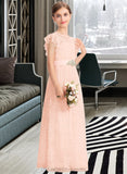 Sal A-Line Scoop Neck Floor-Length Lace Junior Bridesmaid Dress With Beading Bow(s) Cascading Ruffles STIP0013627