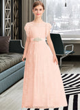 Sal A-Line Scoop Neck Floor-Length Lace Junior Bridesmaid Dress With Beading Bow(s) Cascading Ruffles STIP0013627