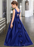 Rubi Ball-Gown/Princess Scoop Neck Sweep Train Satin Junior Bridesmaid Dress With Bow(s) STIP0013628