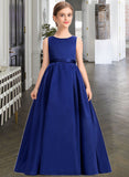 Rubi Ball-Gown/Princess Scoop Neck Sweep Train Satin Junior Bridesmaid Dress With Bow(s) STIP0013628