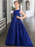 Rubi Ball-Gown/Princess Scoop Neck Sweep Train Satin Junior Bridesmaid Dress With Bow(s) STIP0013628