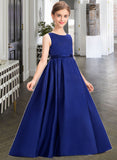 Rubi Ball-Gown/Princess Scoop Neck Sweep Train Satin Junior Bridesmaid Dress With Bow(s) STIP0013628