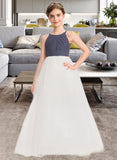 Jordin A-Line Scoop Neck Floor-Length Chiffon Tulle Junior Bridesmaid Dress With Ruffle STIP0013629