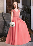 Monique A-Line V-neck Floor-Length Chiffon Lace Junior Bridesmaid Dress STIP0013634