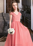 Monique A-Line V-neck Floor-Length Chiffon Lace Junior Bridesmaid Dress STIP0013634