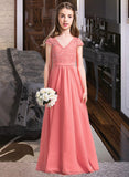 Monique A-Line V-neck Floor-Length Chiffon Lace Junior Bridesmaid Dress STIP0013634