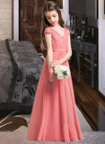 Monique A-Line V-neck Floor-Length Chiffon Lace Junior Bridesmaid Dress STIP0013634