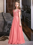 Monique A-Line V-neck Floor-Length Chiffon Lace Junior Bridesmaid Dress STIP0013634