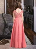 Monique A-Line V-neck Floor-Length Chiffon Lace Junior Bridesmaid Dress STIP0013634