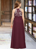 Margaret A-Line Scoop Neck Floor-Length Chiffon Lace Junior Bridesmaid Dress With Bow(s) STIP0013637